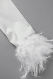 ホワイト セクシー ソリッド パッチワーク フェザー ホット ドリル O ネック ペンシル スカート プラス サイズ ドレス
