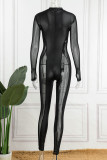 Zwarte sexy effen patchwork doorschijnende skinny jumpsuits met O-hals