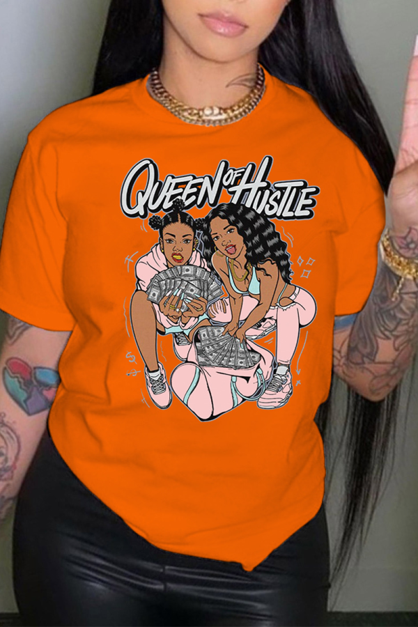 Orangefarbene Street-Print-Patchwork-T-Shirts mit O-Ausschnitt