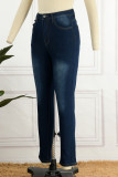 Jeans jeans azul escuro casual patchwork sólido de cintura alta