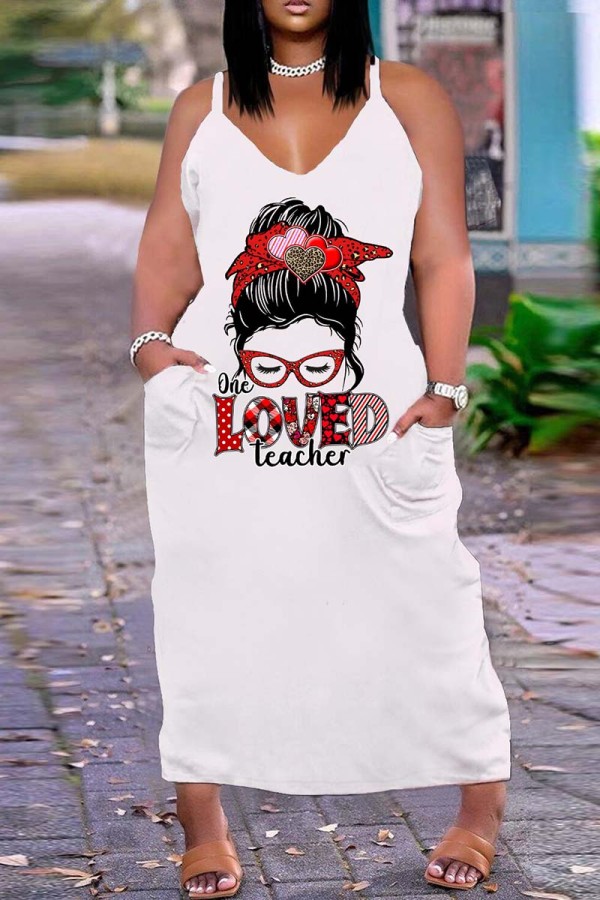 Белое красное сексуальное длинное платье с открытой спиной и бретельками с принтом Платья больших размеров