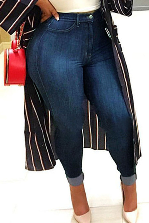 Dunkelblaue, lässige, solide Patchwork-Denim-Jeans mit hoher Taille