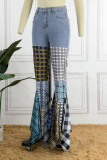 Jeans in denim a vita alta patchwork con stampa scozzese da strada azzurra