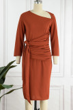 Marrom vermelho elegante sólido patchwork gola oblíqua dobra vestidos saia um passo