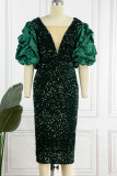 Ink Green Elegant Solid Sequins Patchwork Fold V Neck Evening Dress Dresses