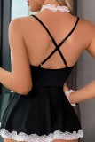 Black Sexy Solid Patchwork See-through Backless Lingerie