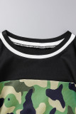 Army Green Casual Print Patchwork O Neck Long Sleeve Two Pieces
