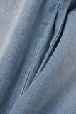 Babyblauwe casual effen patchwork-denimjeans met hoge taille