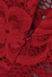 Macacão reto vermelho sexy patchwork transparente meia gola alta