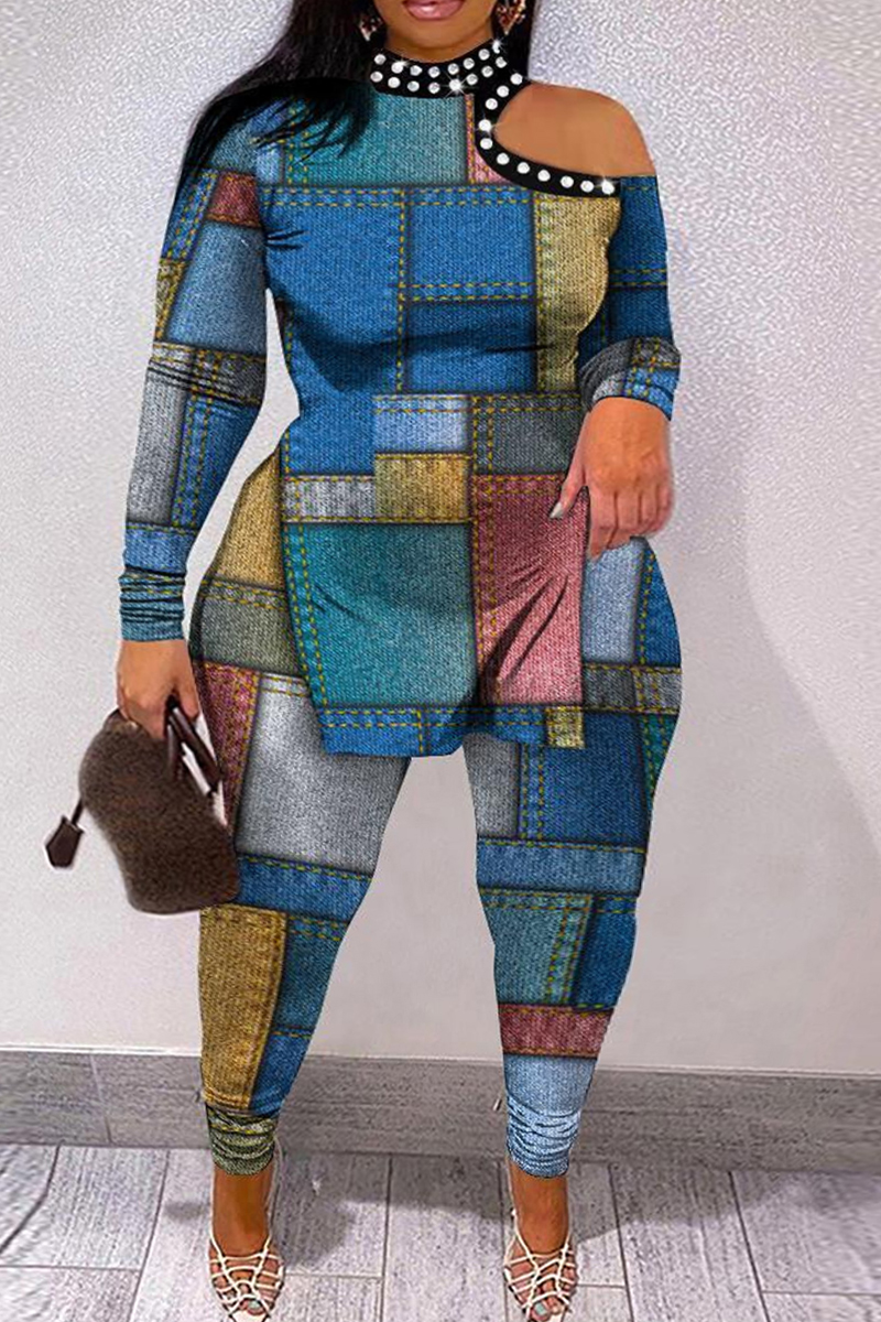 

The cowboy blue Casual Print Hollowed Out Patchwork Half A Turtleneck Plus Size Two Pieces