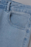 Babyblaue, lässige, solide Patchwork-Denim-Jeans mit hoher Taille