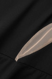 Schwarze, sexy, solide, ausgehöhlte Patchwork-Bleistiftrockkleider mit durchsichtigem O-Ausschnitt