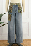 Blaue Street-Print-Camouflage-Print-Patchwork-Jeans mit hoher Taille