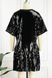 Zwarte casual effen pailletten patchwork volant O-hals rechte jurken