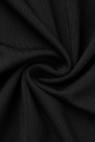 Schwarze, sexy, solide, ausgehöhlte Patchwork-Bleistiftrockkleider mit durchsichtigem O-Ausschnitt