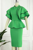 Зеленые повседневные однотонные платья в стиле пэчворк с воланами и круглым вырезом, одноступенчатые юбки