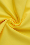 Bandagem sólida casual amarela patchwork dobrada gola quadrada manga longa duas peças