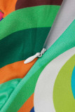 Verde sexy impressão patchwork assimétrico gola virada para trás manga longa duas peças