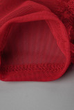 Roter, sexy, solider, durchsichtiger Patchwork-Overall mit halbem Rollkragen und geradem Schnitt
