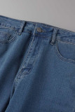 Голубые повседневные однотонные джинсовые джинсы с высокой талией в стиле пэчворк
