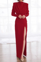 Rote, elegante, solide, rückenfreie Patchwork-Kleider mit Schlitz und geradem O-Ausschnitt