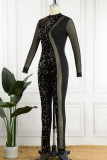 Coffee Sexy Solid Sequins Patchwork See-through O Neck Skinny Jumpsuits