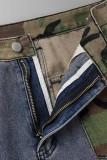 Jeans in denim larghi a vita alta patchwork con stampa mimetica blu Street Print