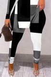 Black White Sexy Casual Print Hollowed Out Slit Printing Half A Turtleneck Long Sleeve Two Pieces