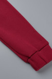 Бордовый повседневный уличный однотонный бандажный лоскутный воротник с капюшоном с длинным рукавом из двух частей