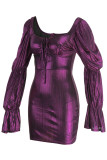 Púrpura sexy sólido patchwork cuello cuadrado un paso falda vestidos