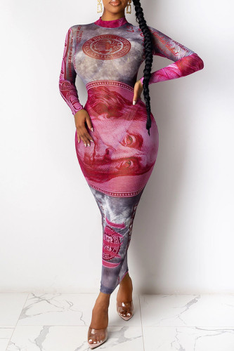Robes de jupe crayon à col roulé transparentes à col roulé et à imprimé sexy rose