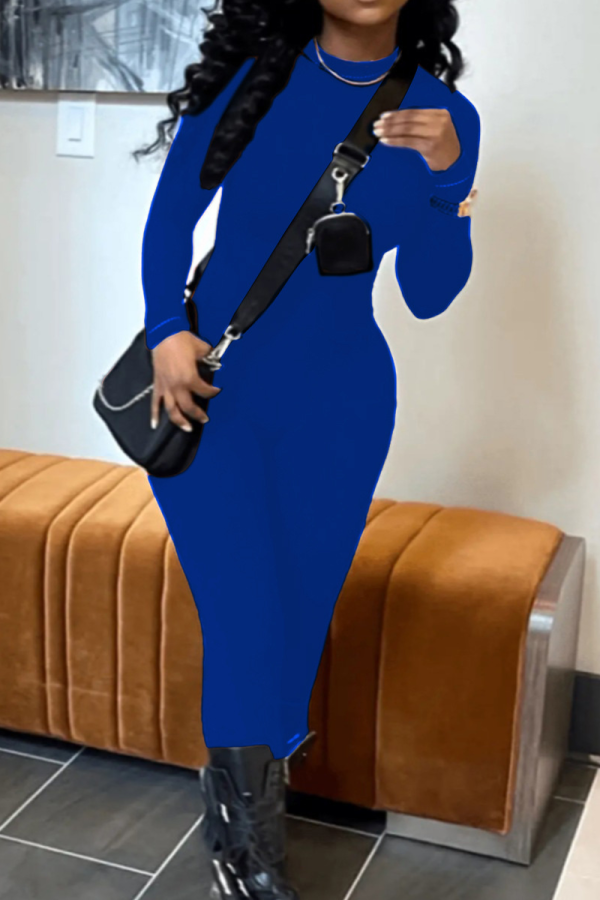 Синие сексуальные однотонные облегающие комбинезоны в стиле пэчворк с высоким воротником