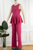Rose Red Casual Solid Patchwork Flounce O Neck Straight Jumpsuits