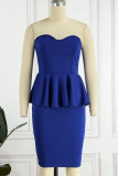 Blue Casual Elegant Solid Patchwork Flounce Strapless One Step Skirt Dresses