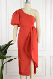 赤のエレガントな固体パッチワーク フラウンス非対称斜め襟のイブニング ドレスのドレス