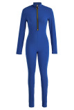 Färgglada blå Casual Solid Patchwork Skinny Jumpsuits med blixtlåskrage