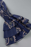 Blauwe casual print patchwork ruche off-shoulder rechte jurken