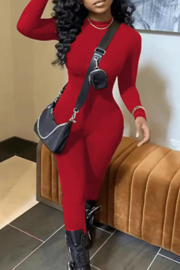 Красные сексуальные однотонные облегающие комбинезоны с высоким воротником в стиле пэчворк