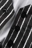 Black Sexy Street Striped Print Hollowed Out Patchwork Asymmetrical Turndown Collar Long Sleeve Two Pieces