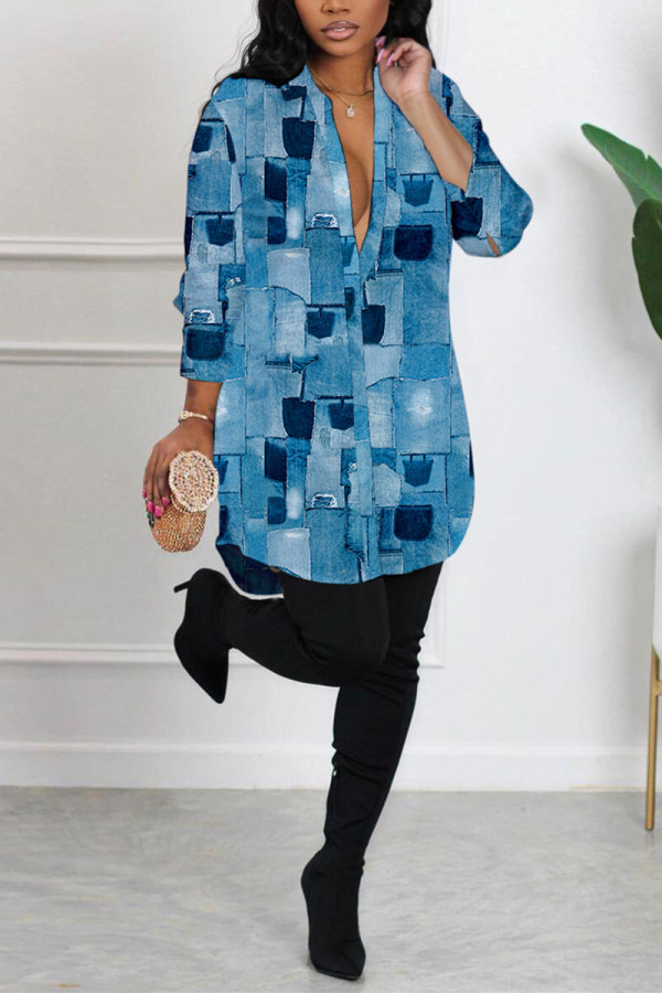 Blau Sexy Casual Print Printing Hemdkragen Hemdkleid Kleider