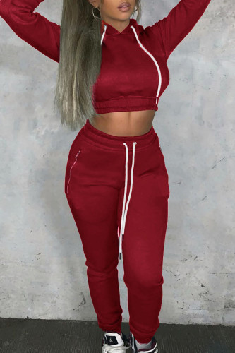 Burgundy Casual Hooded Collar Long Sleeve Crop Sweatshirt And Pants Sportwear Two Piece Jogger Set