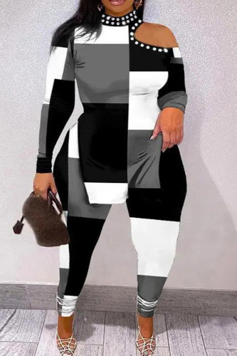 Noir Blanc Décontracté Imprimé Évidé Patchwork Demi Col Roulé Plus La Taille Deux Pièces