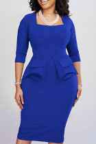Blauwe elegante effen patchwork jurken met vierkante kraag