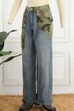 Blaue Street-Print-Camouflage-Print-Patchwork-Jeans mit hoher Taille