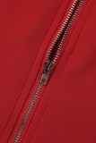 Rojo Casual Sólido Patchwork Volante Cuello con cremallera Manga larga Dos piezas