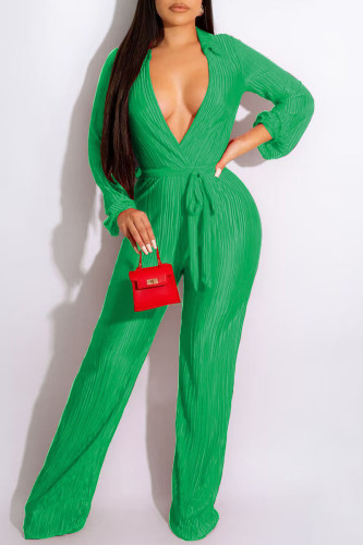 Green Sexy Solid Bandage Patchwork Fold V Neck Straight Jumpsuits