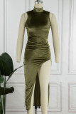 オリーブグリーンのセクシーなソリッドパッチワークスリットフォールドハーフタートルネックペンシルスカートドレス