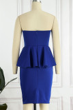 Blue Casual Elegant Solid Patchwork Flounce Strapless One Step Skirt Dresses