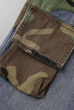 Blauwe streetprint camouflageprint patchwork losse spijkerjeans met hoge taille