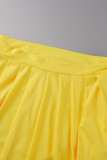 Bandagem sólida casual amarela patchwork dobrada gola quadrada manga longa duas peças